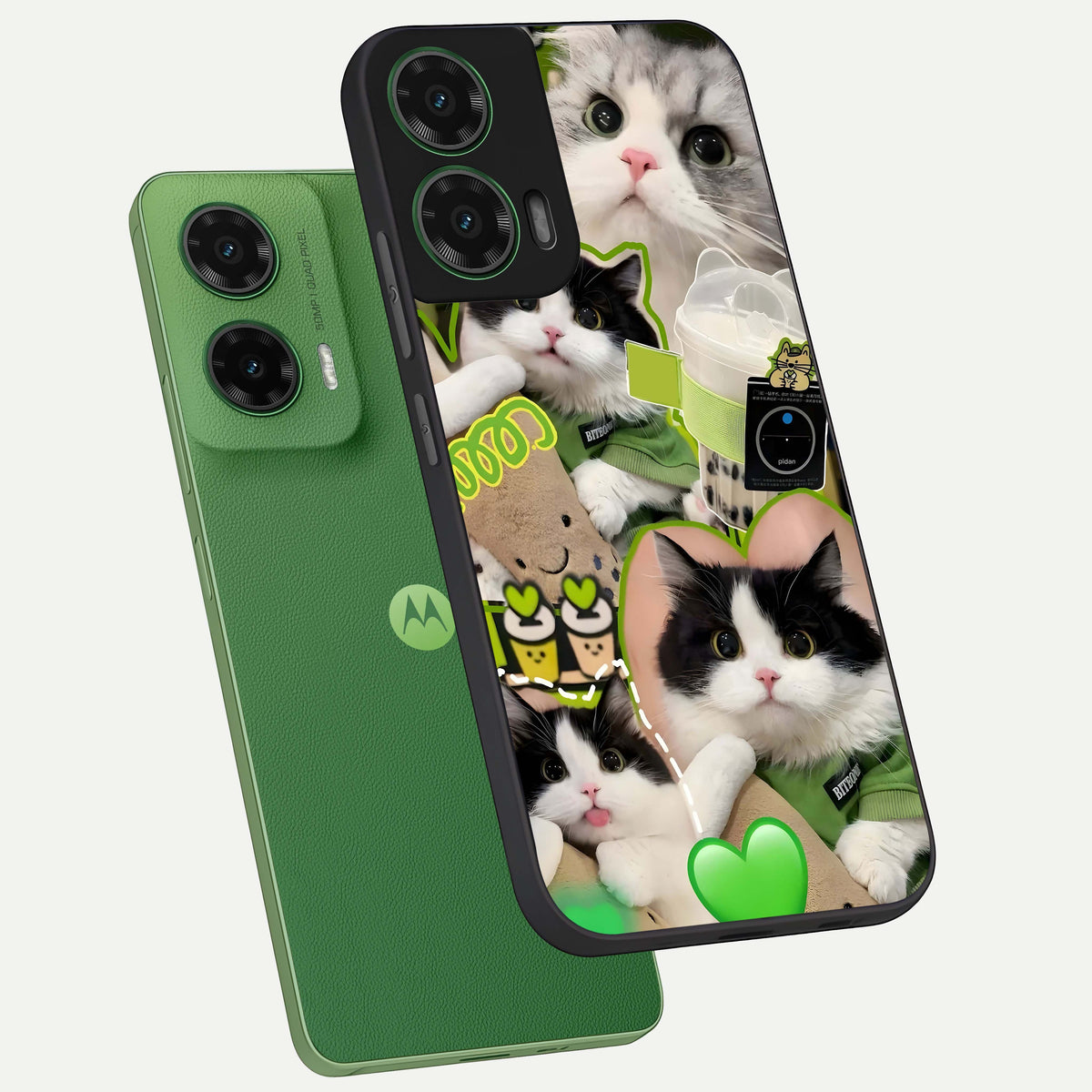  Matcha Cats Mood phone case For Moto G35 showing premium glass back cover with detailed artwork