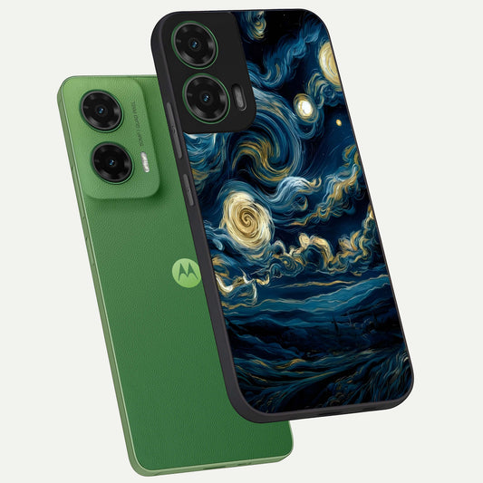  Midnight Sky Whirl phone case For Moto G35 showing premium glass back cover with detailed artwork