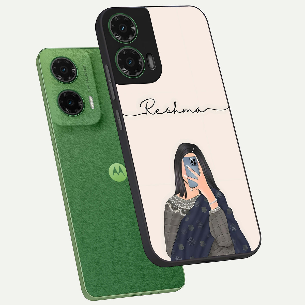  Mirror Mood Muse With Custom Name phone case For Moto G35 showing premium glass back cover with detailed artwork