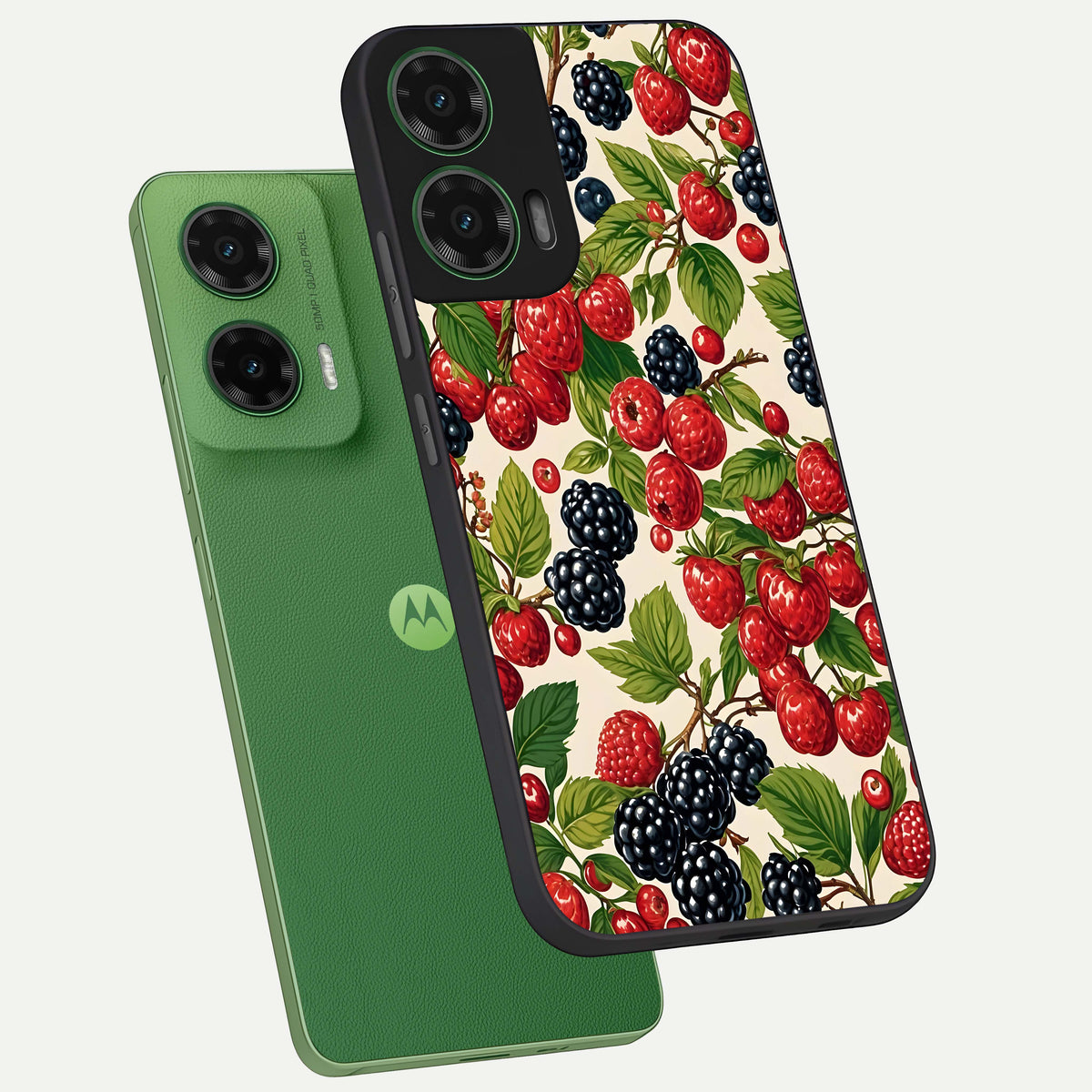  Mixed Berry Collage phone case For Moto G35 showing premium glass back cover with detailed artwork