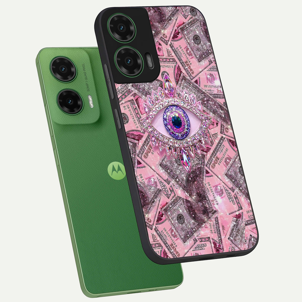  Money Eye Luxe phone case For Moto G35 showing premium glass back cover with detailed artwork