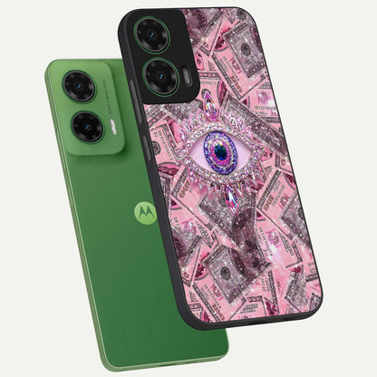  Money Eye Luxe phone case For Moto G35 showing premium glass back cover with detailed artwork