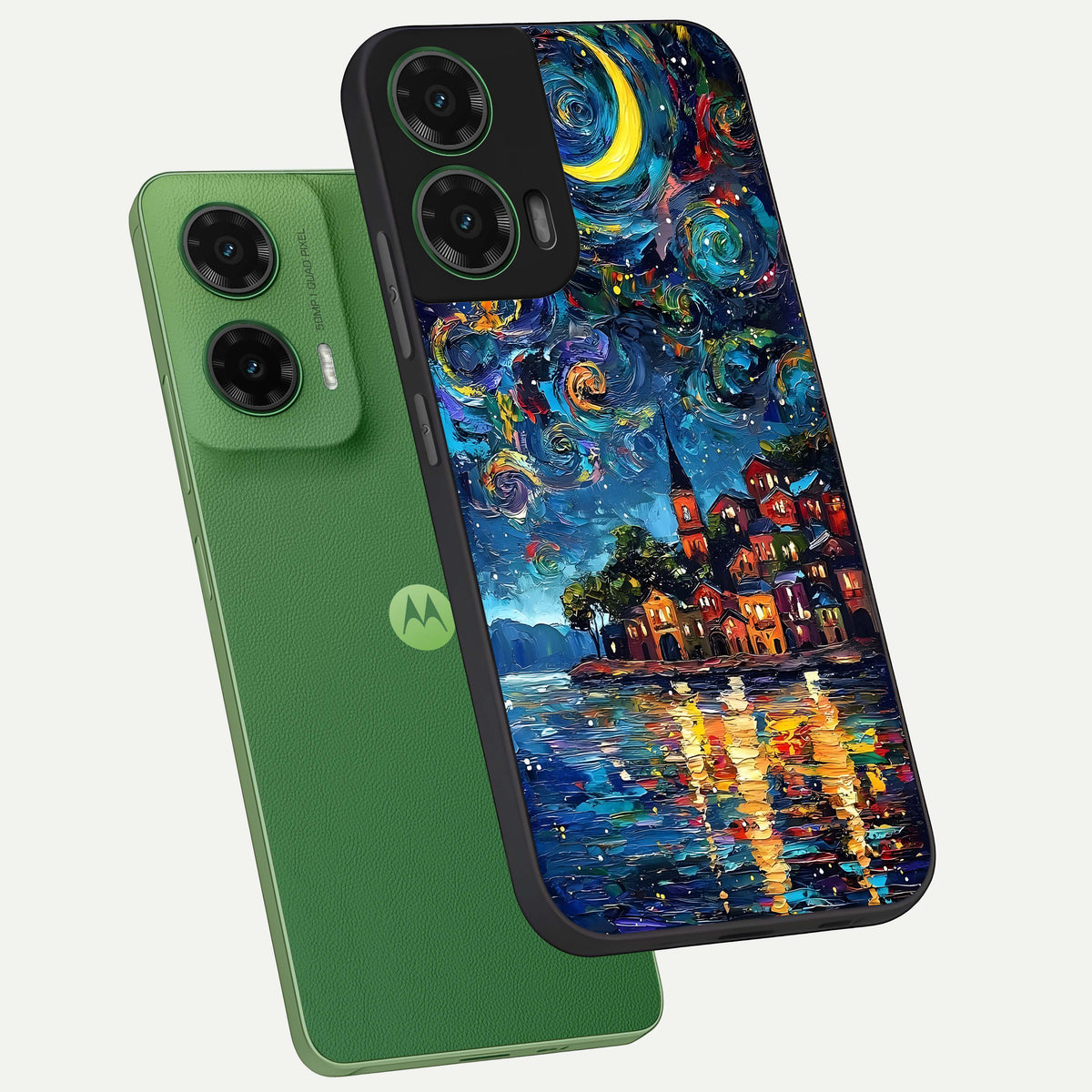  Moonlight Harbor Glow phone case For Moto G35 showing premium glass back cover with detailed artwork