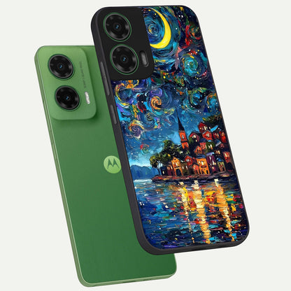  Moonlight Harbor Glow phone case For Moto G35 showing premium glass back cover with detailed artwork