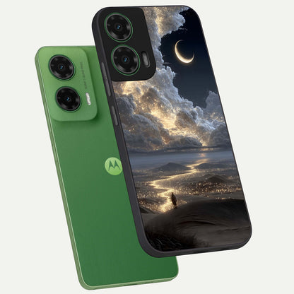  Moonlight Spark Path phone case For Moto G35 showing premium glass back cover with detailed artwork