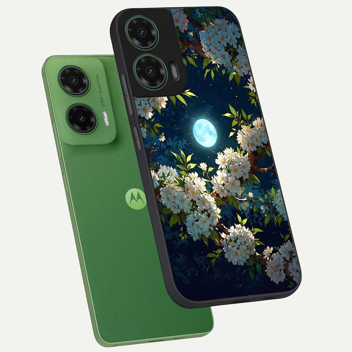  Moonlit Blossom Dream phone case For Moto G35 showing premium glass back cover with detailed artwork