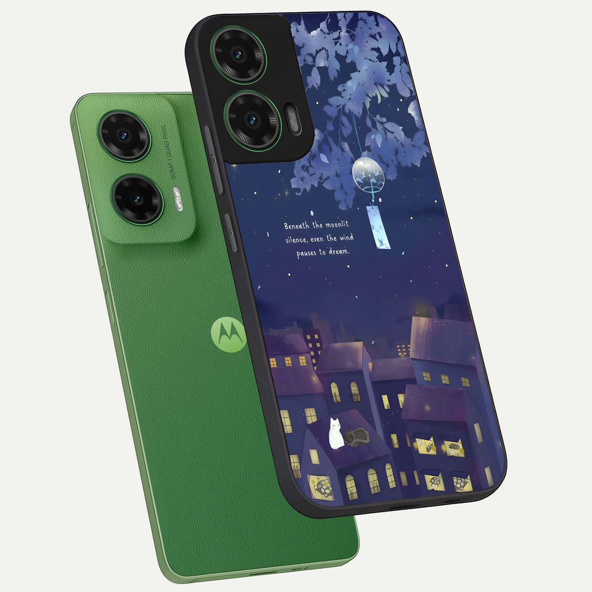 Moonlit Cat Silence phone case For Moto G35 showing premium glass back cover with detailed artwork