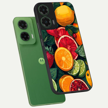  Multiple Fruits phone case For Moto G35 showing premium glass back cover with detailed artwork