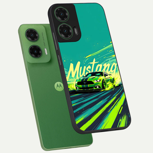  Mustang Bang phone case For Moto G35 showing premium glass back cover with detailed artwork