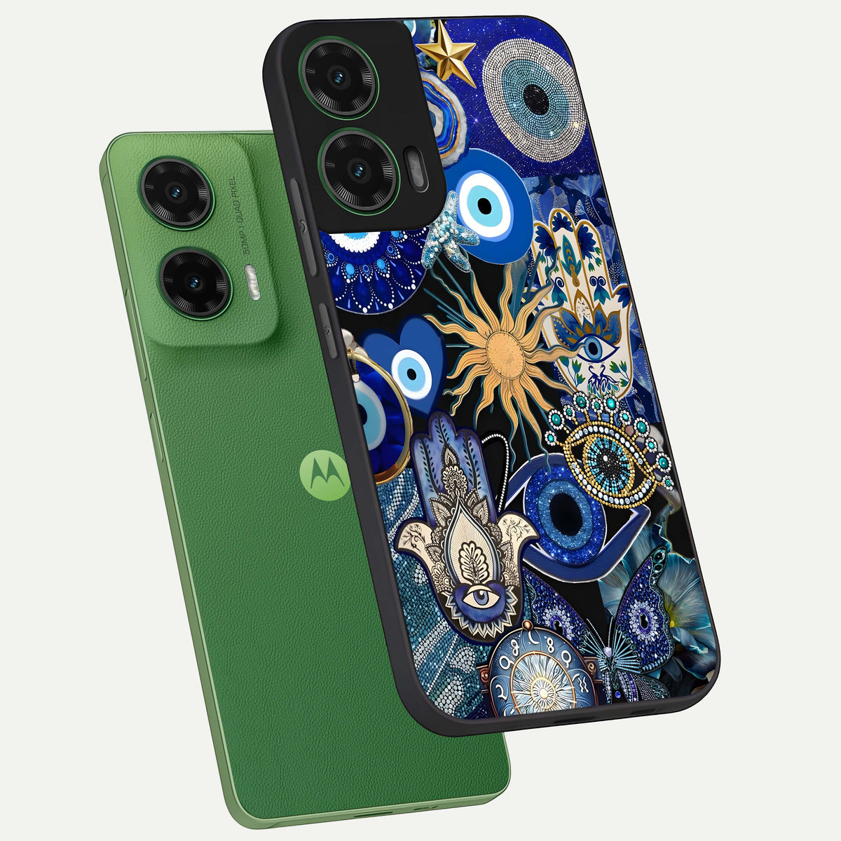  Mystic Blue Evil Eye phone case For Moto G35 showing premium glass back cover with detailed artwork