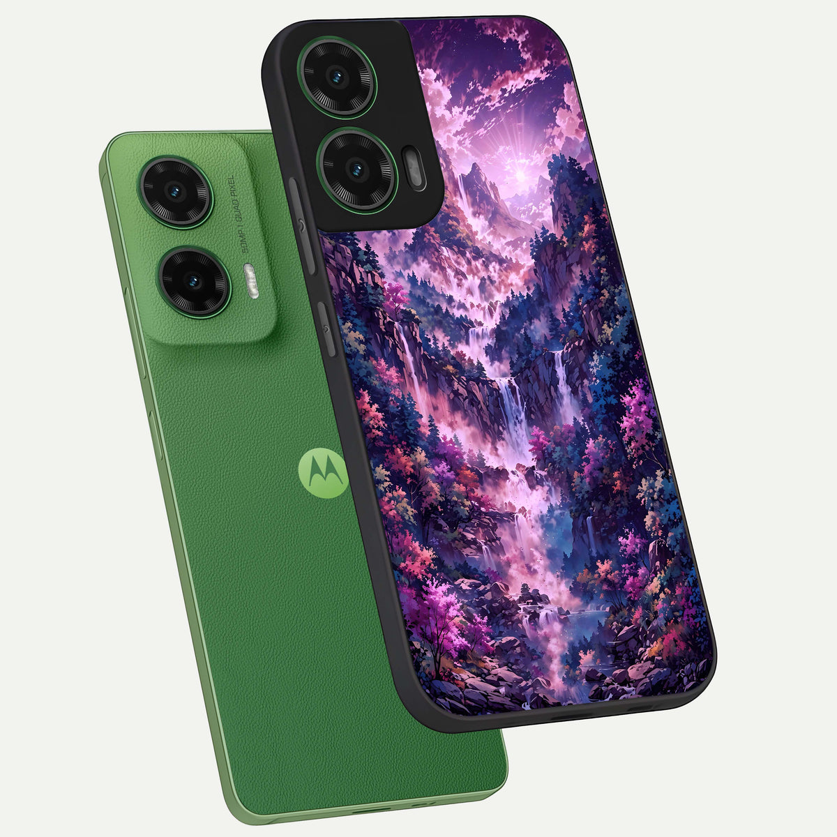  Mystic Cascade Peaks phone case For Moto G35 showing premium glass back cover with detailed artwork