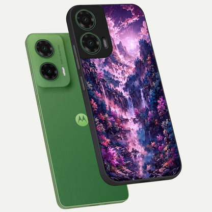  Mystic Cascade Peaks phone case For Moto G35 showing premium glass back cover with detailed artwork