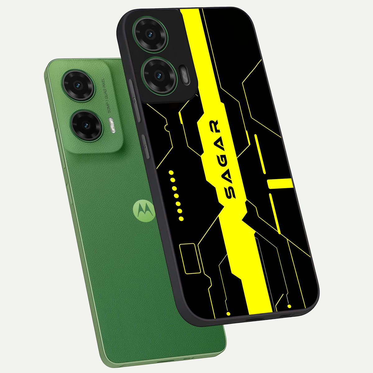  Neon CYBERPUNK Custom Name phone case For Moto G35 showing premium glass back cover with detailed artwork