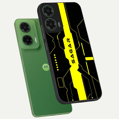  Neon CYBERPUNK Custom Name phone case For Moto G35 showing premium glass back cover with detailed artwork