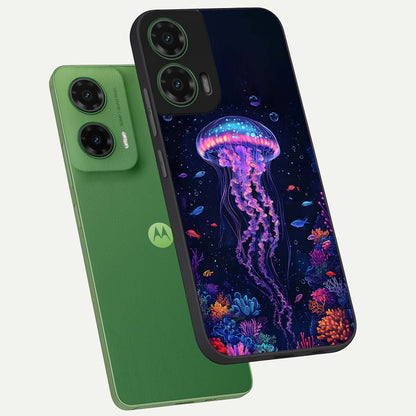  Neon Jellyfish phone case For Moto G35 showing premium glass back cover with detailed artwork