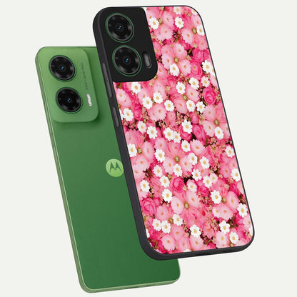  Pink Daisy Bliss phone case For Moto G35 showing premium glass back cover with detailed artwork