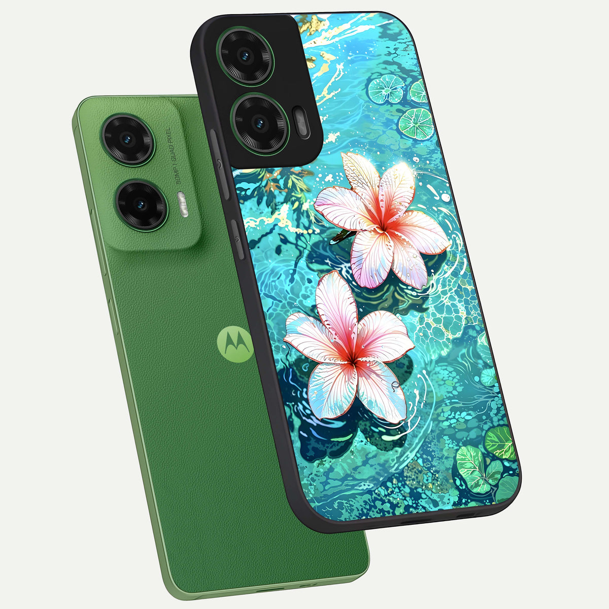  Pink Flowers in Water phone case For Moto G35 showing premium glass back cover with detailed artwork