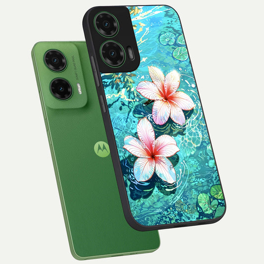  Pink Flowers in Water phone case For Moto G35 showing premium glass back cover with detailed artwork