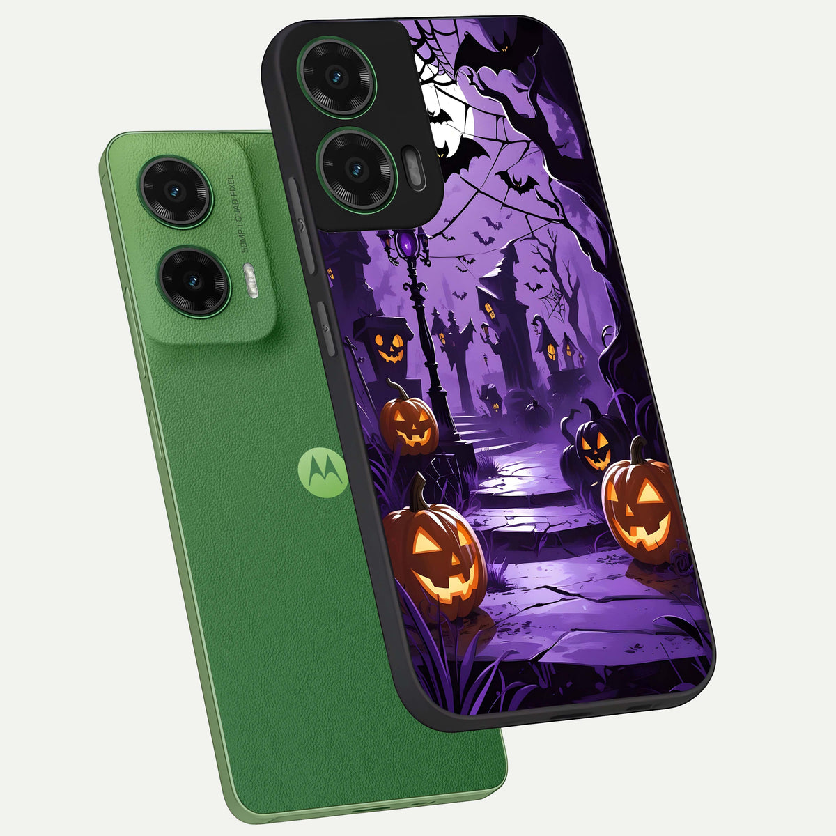  Pumpkin Patch Halloween phone case For Moto G35 showing premium glass back cover with detailed artwork