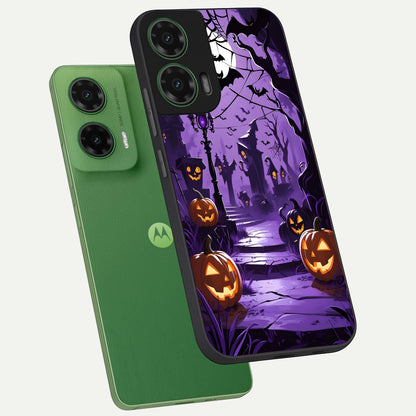  Pumpkin Patch Halloween phone case For Moto G35 showing premium glass back cover with detailed artwork