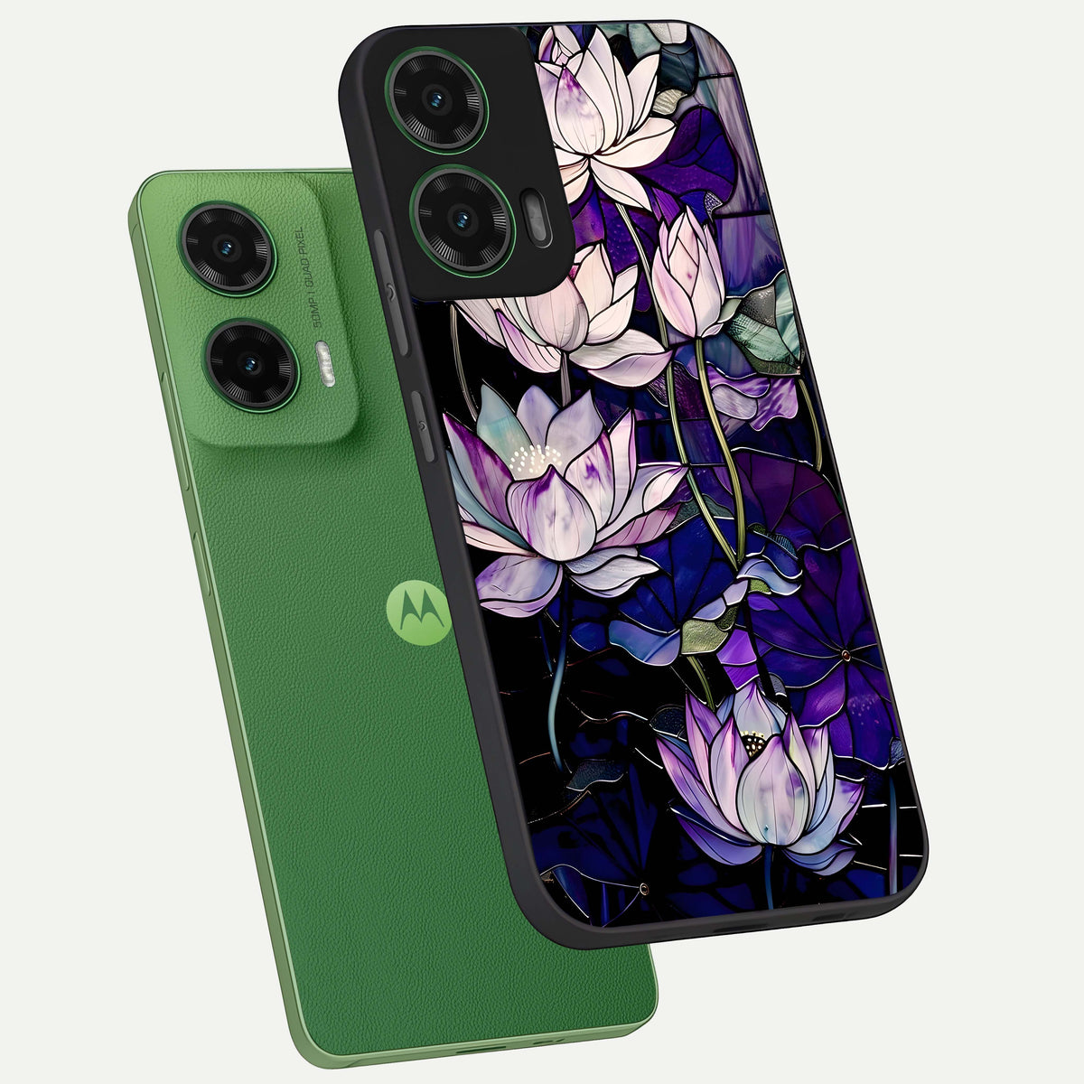  Purple Lotus Pattern phone case For Moto G35 showing premium glass back cover with detailed artwork
