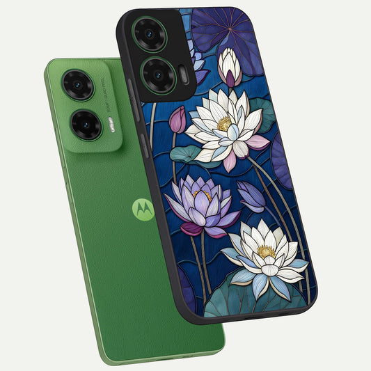  Purple Lotus Stained phone case For Moto G35 showing premium glass back cover with detailed artwork