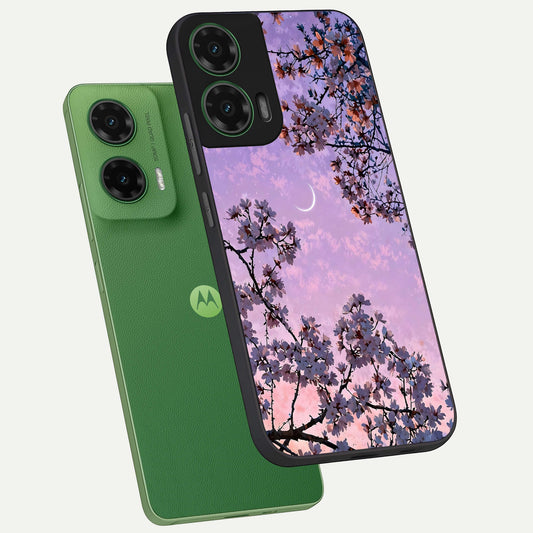  Purple Serenity Moon phone case For Moto G35 showing premium glass back cover with detailed artwork