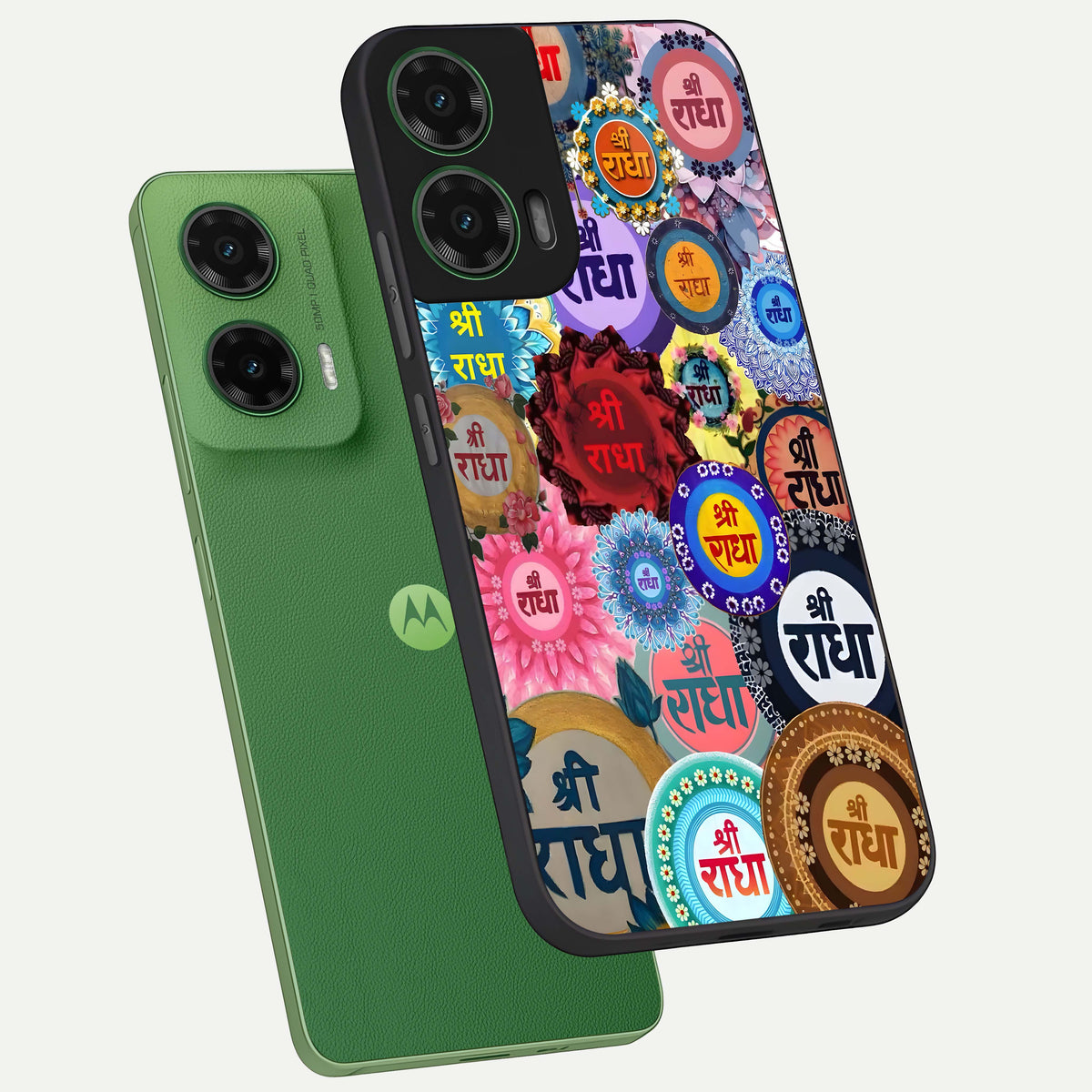  Radha Divine Bloom phone case For Moto G35 showing premium glass back cover with detailed artwork