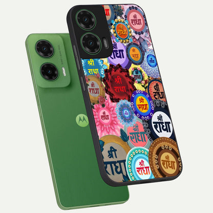 Radha Divine Bloom phone case For Moto G35 showing premium glass back cover with detailed artwork