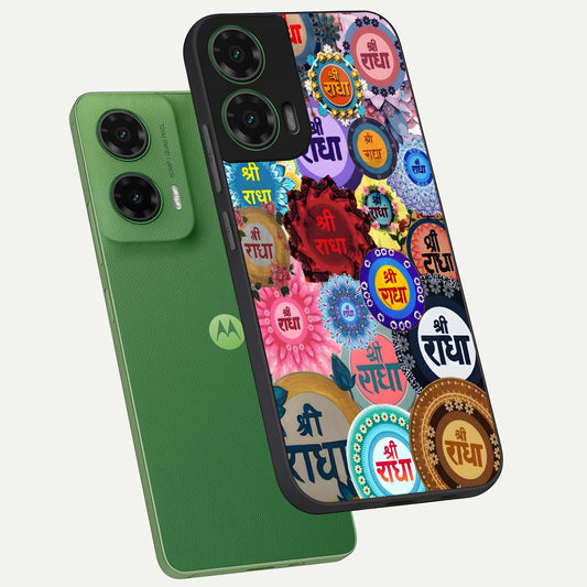  Radha Divine Bloom phone case For Moto G35 showing premium glass back cover with detailed artwork