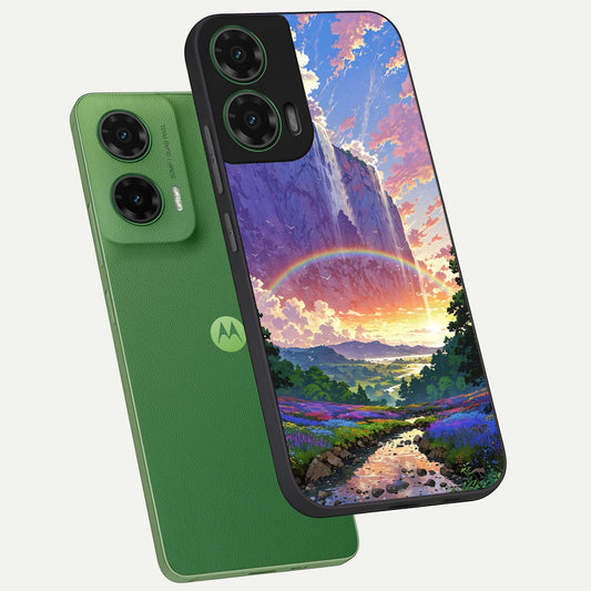  Rainbow Valley Dream phone case For Moto G35 showing premium glass back cover with detailed artwork