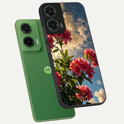  Red Bloom Skies phone case For Moto G35 showing premium glass back cover with detailed artwork