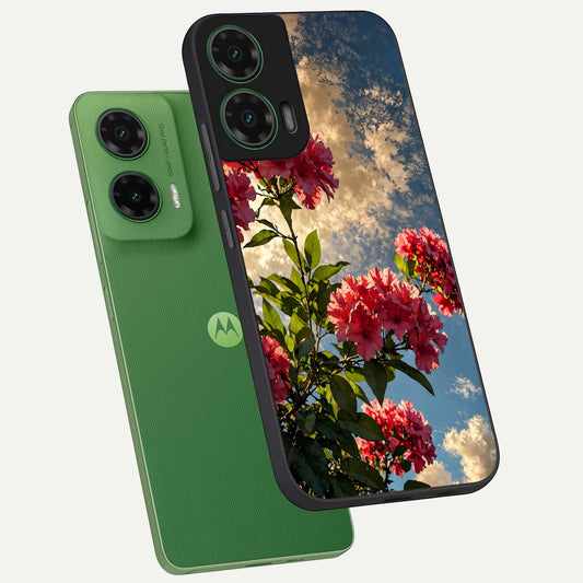  Red Bloom Skies phone case For Moto G35 showing premium glass back cover with detailed artwork