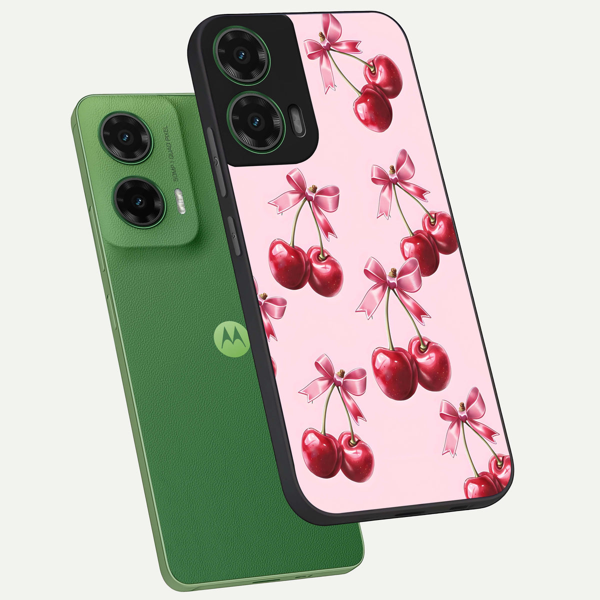  Red Cherries Pattern phone case For Moto G35 showing premium glass back cover with detailed artwork