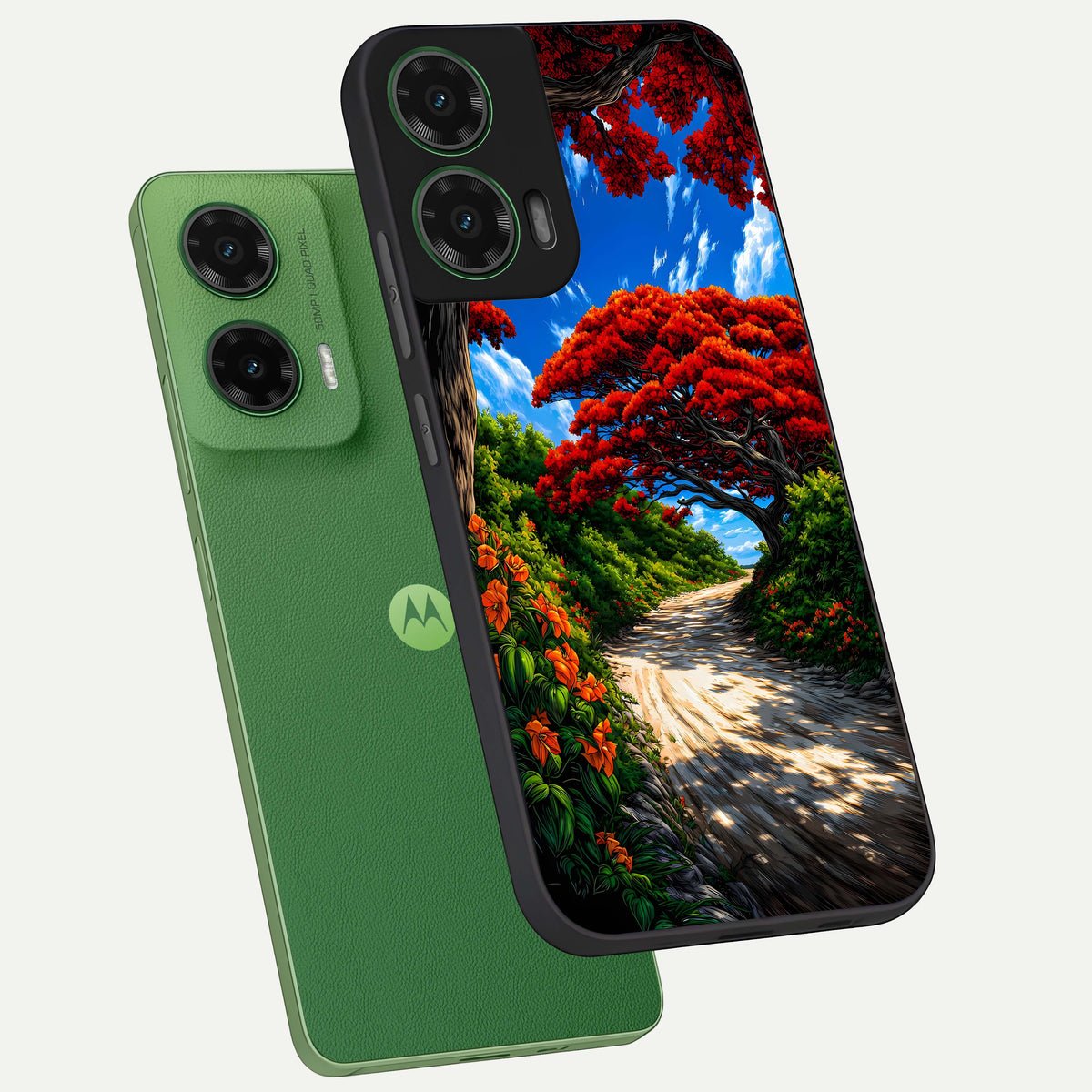  Red Trees Pathway phone case For Moto G35 showing premium glass back cover with detailed artwork