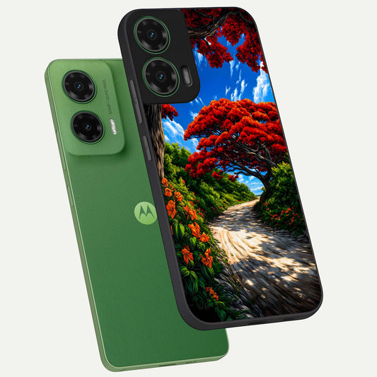  Red Trees Pathway phone case For Moto G35 showing premium glass back cover with detailed artwork