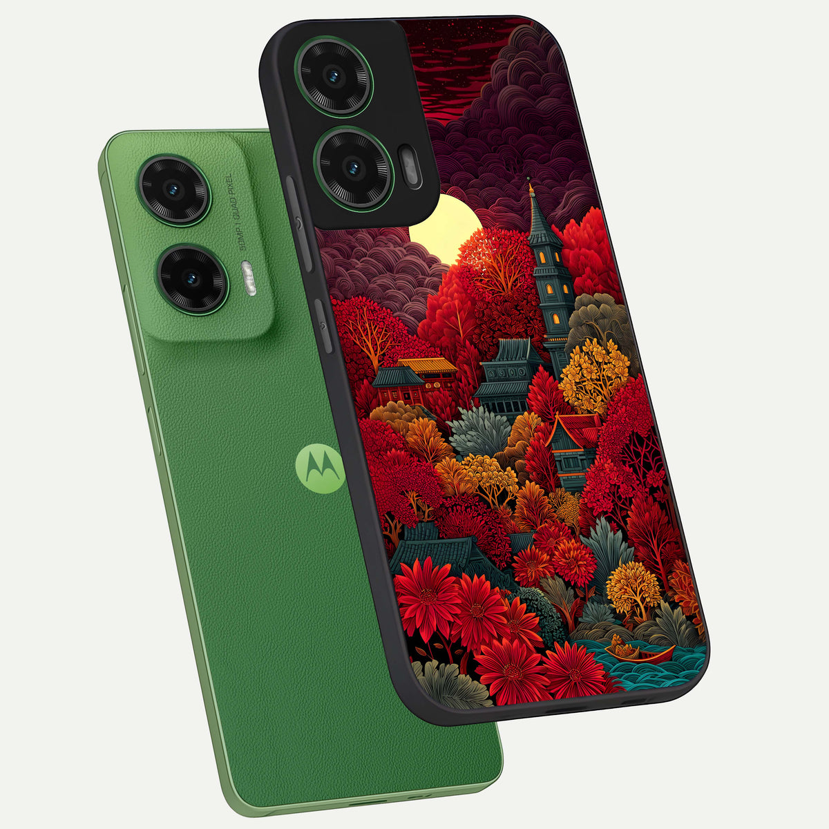  Scarlet Autumn Temple phone case For Moto G35 showing premium glass back cover with detailed artwork