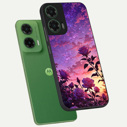 Starlit Rose Twilight phone case For Moto G35 showing premium glass back cover with detailed artwork