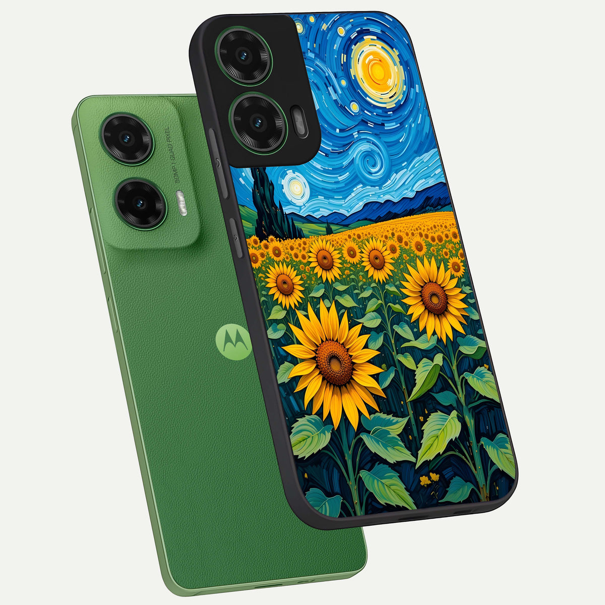  Starry Sunflower Dreams phone case For Moto G35 showing premium glass back cover with detailed artwork
