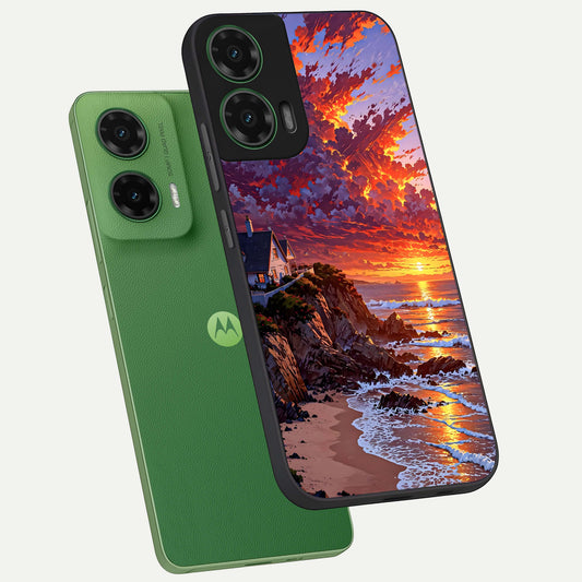  Sunset House By Sea phone case For Moto G35 showing premium glass back cover with detailed artwork