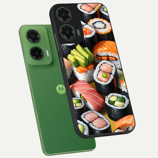  Sushi Food Pattern phone case For Moto G35 showing premium glass back cover with detailed artwork