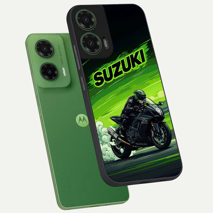  Suzuki Speed Beast phone case For Moto G35 showing premium glass back cover with detailed artwork