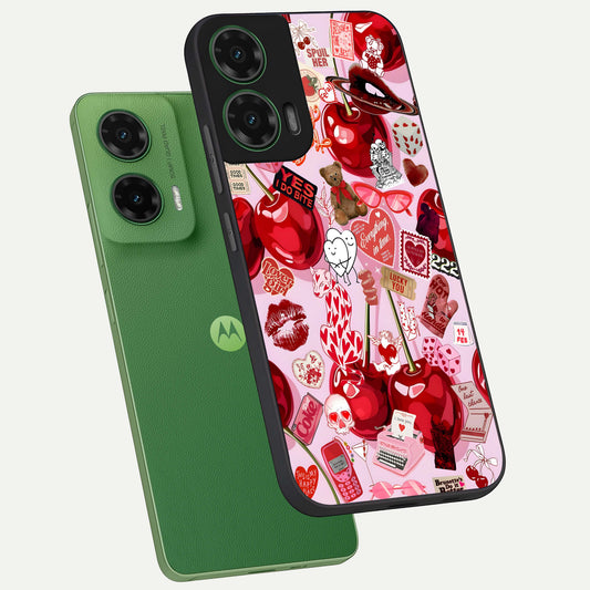  Sweet Cherry Chaos phone case For Moto G35 showing premium glass back cover with detailed artwork