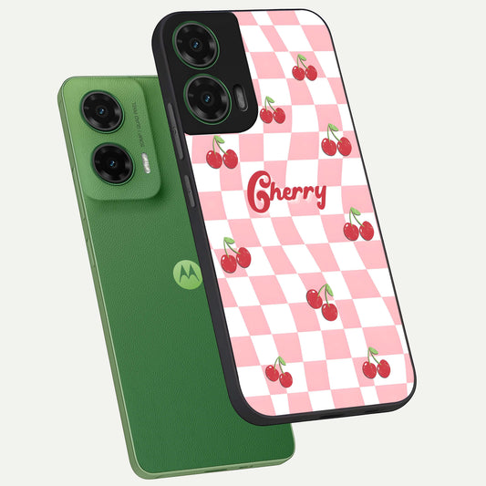  Sweet Cherry Vibes phone case For Moto G35 showing premium glass back cover with detailed artwork