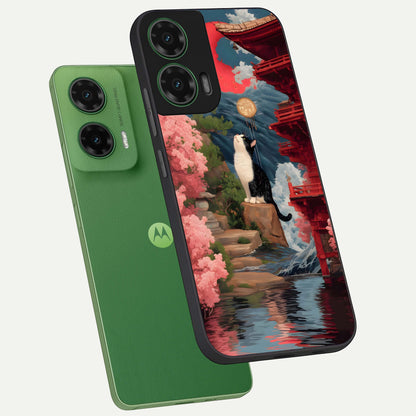  Temple Cat Scenery phone case For Moto G35 showing premium glass back cover with detailed artwork