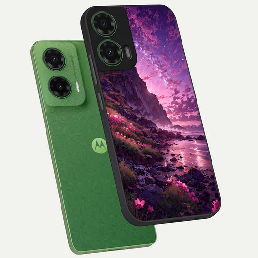  Twilight Blossom Coast phone case For Moto G35 showing premium glass back cover with detailed artwork