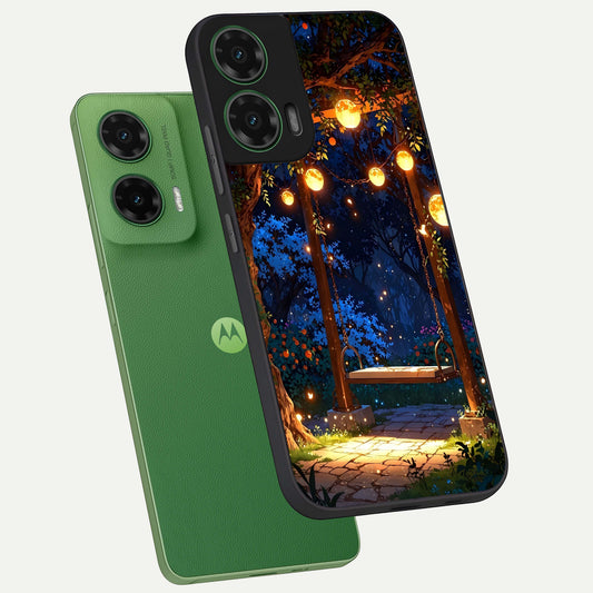  Twilight Garden Swing phone case For Moto G35 showing premium glass back cover with detailed artwork