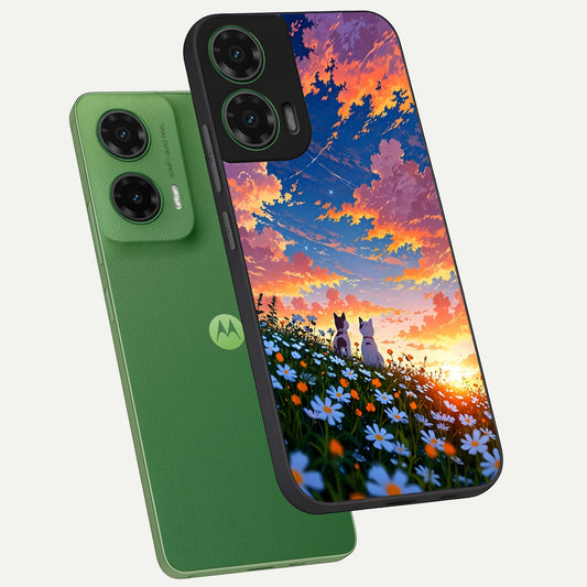  Two Cats Friends phone case For Moto G35 showing premium glass back cover with detailed artwork
