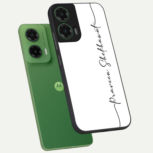  White Tune Custom Name phone case For Moto G35 showing premium custom name glass back cover