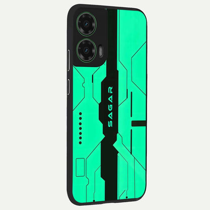  Aqua Tech CYBERPUNK Custom Name back cover For Moto G35 slim fit glass case with vibrant aesthetic design